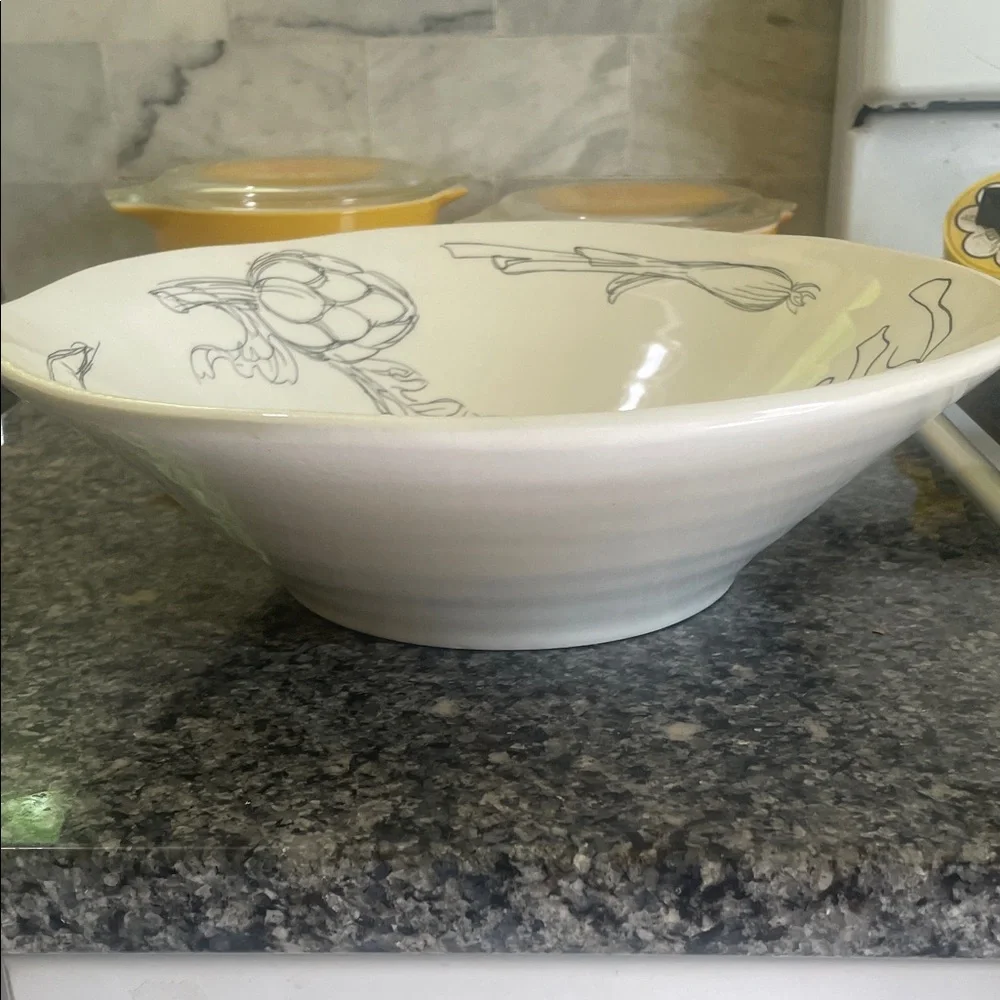 Source Unknown White Ceramic Serving Bowl with Vegetable Sketches